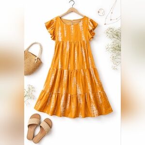 Mustard Orange Tiered Ruffle Sleeve Dress | Boho Summer Midi